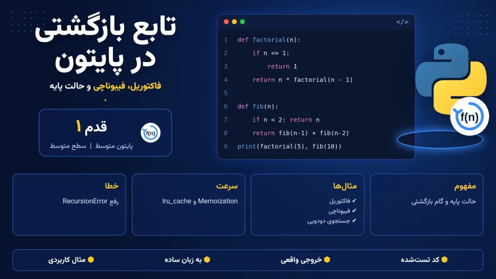 تابع بازگشتی در پایتون با مثال فاکتوریل و فیبوناچی