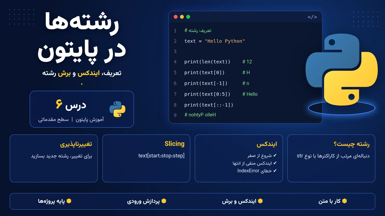 رشته‌ها در پایتون؛ تعریف، ایندکس و برش رشته